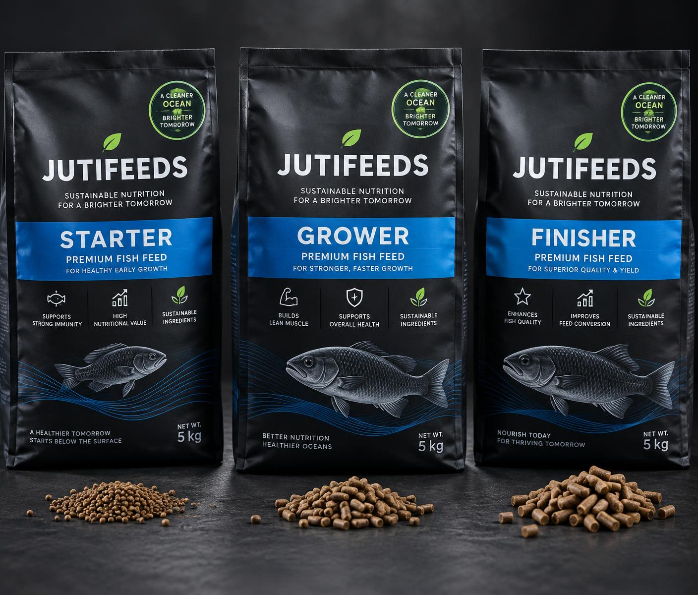 JutiFeeds Starter, Grower and Finisher feed bags